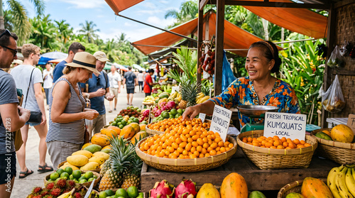Vibrant Tropical Fruit Market Scene with Fresh Produce and Happy Vendor