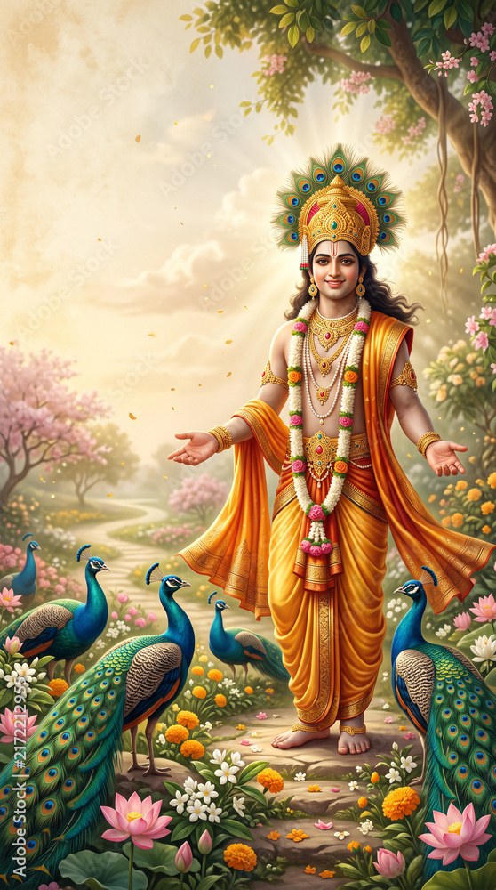 Fototapeta premium Hindu deity lord krishna standing peacefully among peacocks and blossoming lotus flowers in a natural forest setting with indian mythology spiritual artwork krishna art
