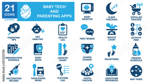 Baby tech and parenting app icon set. Smart monitors, infant health trackers, digital care vectors.