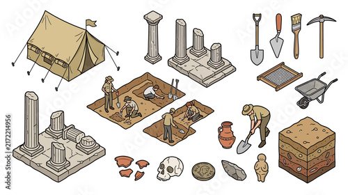 Foto Archaeological Dig Site and Tools Isometric Illustration