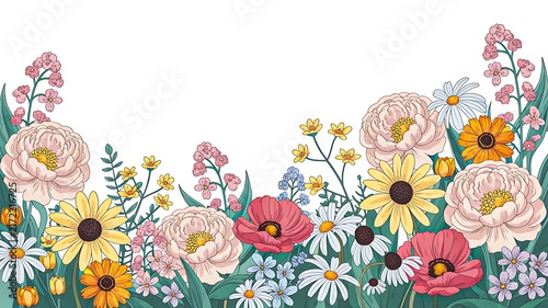 Colorful blooming wildflowers border with floral botanical design on white background