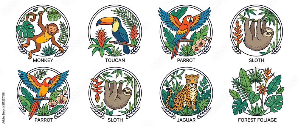 Naklejka premium Jungle Animals and Foliage Collection Isolated Icons