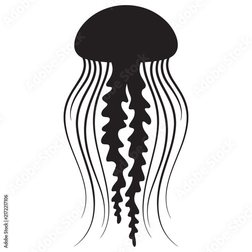 Black jellyfish silhouette with long wavy tentacles against a white background.