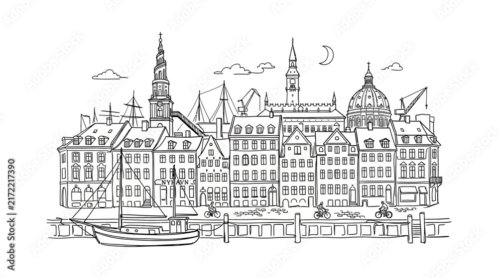 Obraz premium Charming European Cityscape Sketch with Harbor and Boats