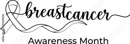 Картината върху платно Breast cancer awareness month black ink outline ribbon typography design with aw