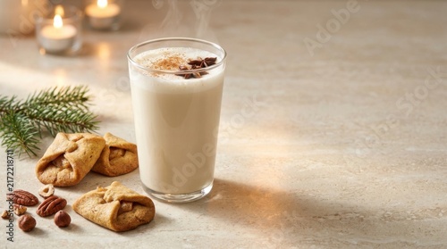 Warm Eggnog Drink in Glass with Homemade Pastries and Pine Decor on Table