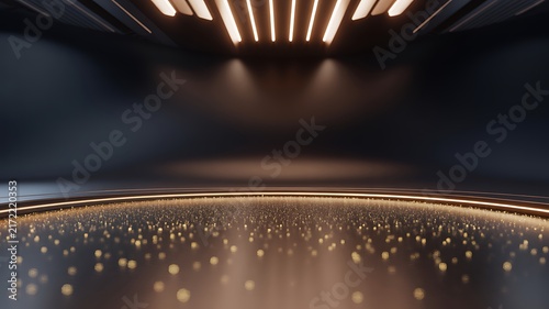 Futuristic round stage with ceiling neon lights and golden particle floor.