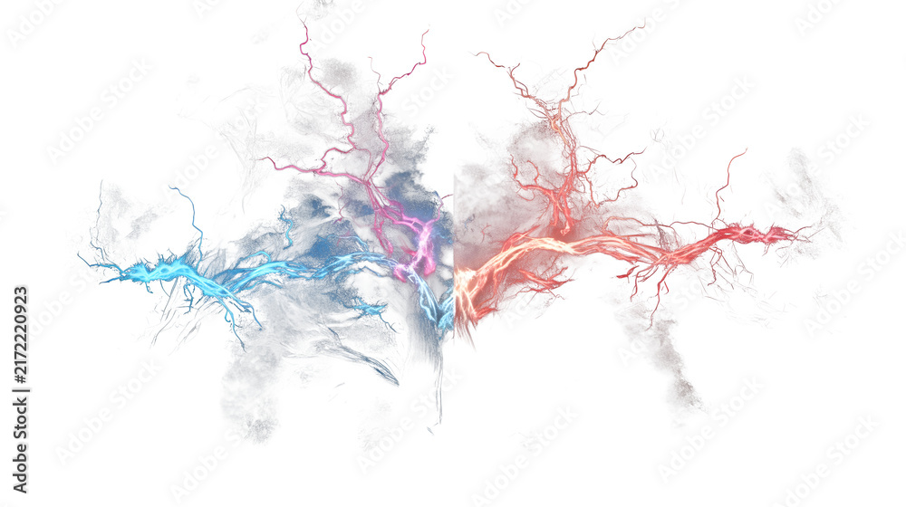 Obraz premium Mystical Red Blue Lightning Energy Clash with Electric Branches Plasma and Aura Fantasy Power Background