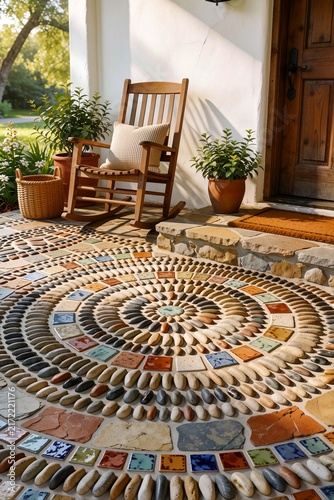 Cozy Porch with Unique Pebble and Tile Mosaic Floor in Warm Sunlight