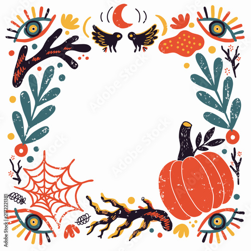 Spooky Halloween background illustration featuring creepy spiderwebs, pumpkins, and bats