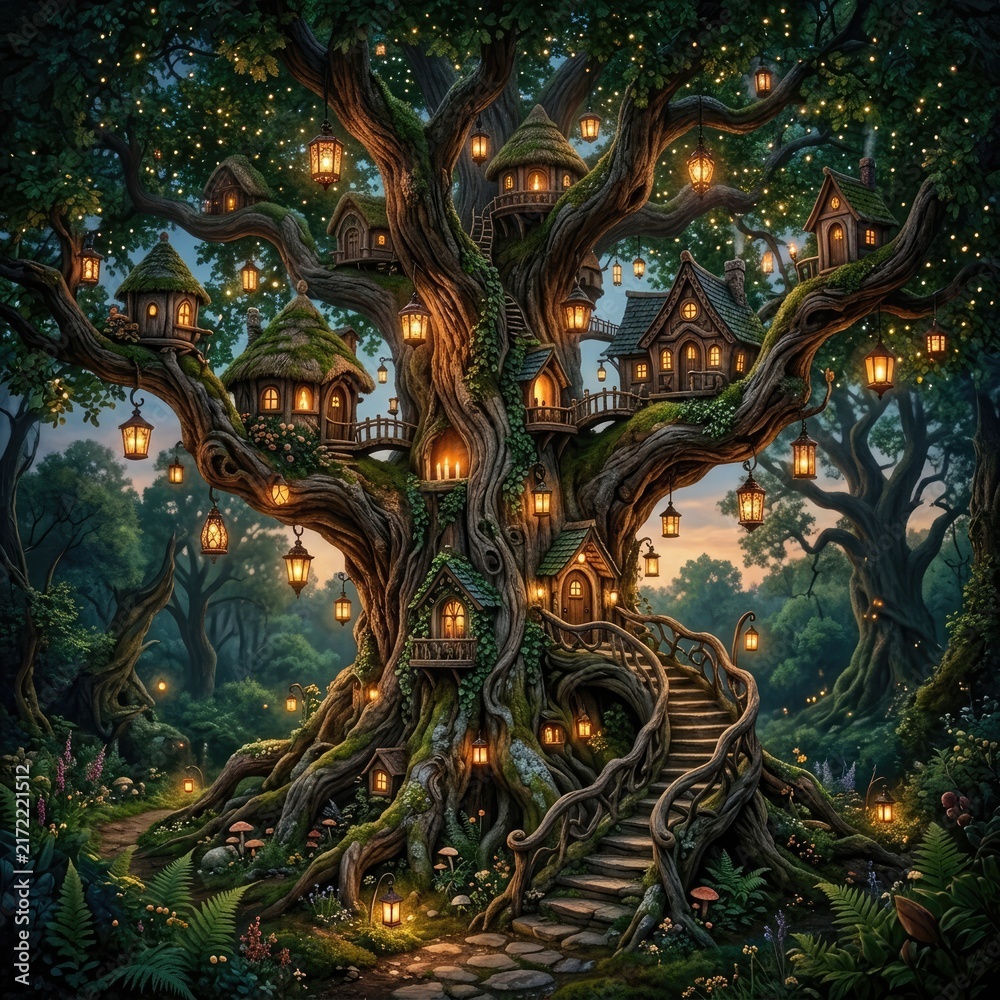 Obraz premium Whimsical Treehouse Village with Warm Lantern Lighting in Enchanted Forest