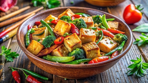 Delicious stirfried tofu and vegetables in a vibrant bowl