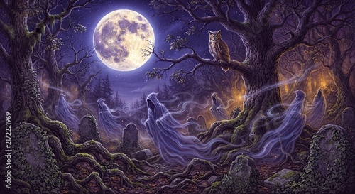 Spooky halloween night with ghosts in graveyard under full moon