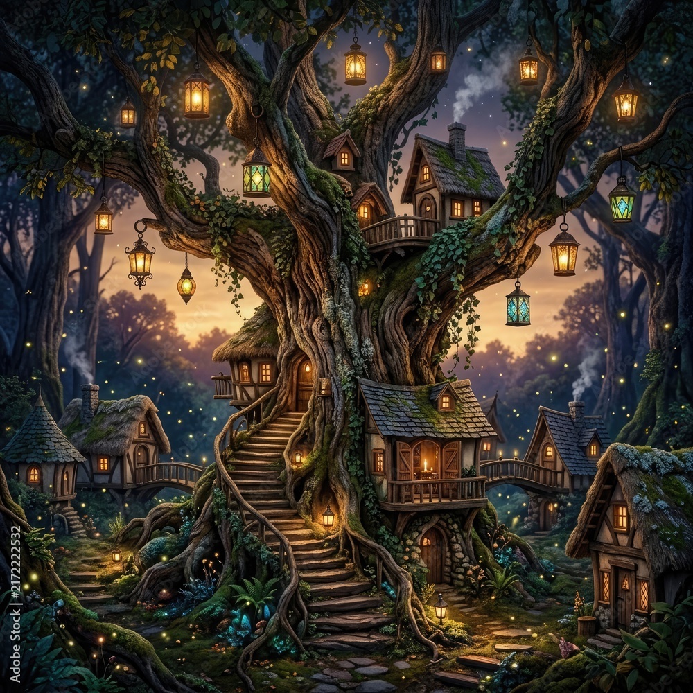 Obraz premium Whimsical Treehouse Village with Warm Lantern Lights at Dusk