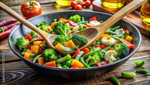 Stir fry vegetables in pan with wooden spoon