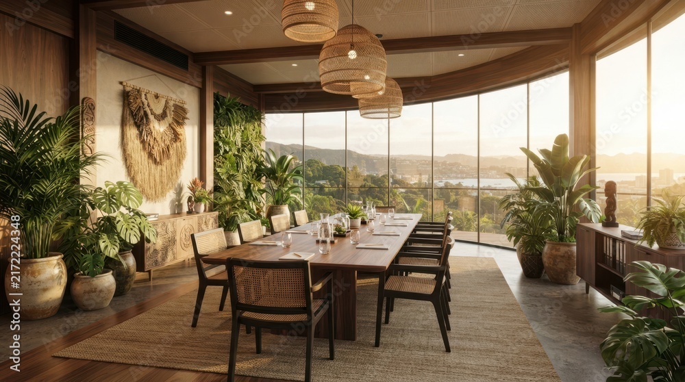 Fototapeta premium Tropical Boardroom Oasis: A spacious boardroom with panoramic windows overlooks a lush, sun-drenched landscape, featuring a long dining table adorned with place settings.