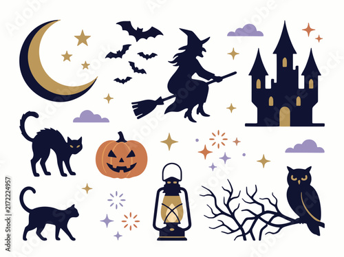 Halloween flat vector silhouettes with witch castle and pumpkin