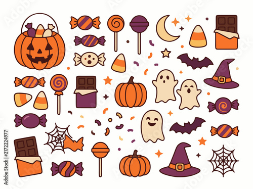Фотография Spooky halloween flat vector elements with candy and ghosts