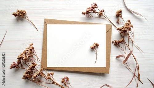 Rustic wedding stationery mockup with dried botanical elements.