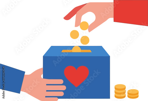 Illustration of a hand donating coins into a blue charity box with a red heart symbol, signifying generosity and charitable giving towards a cause