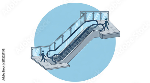 Modern mall escalator with people moving between floors, representing urban connectivity and commerce.