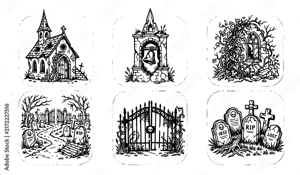 Fototapeta premium Set of hand drawn gothic cemetery elements including old church graveyard gates tombstones and ruined stone structures