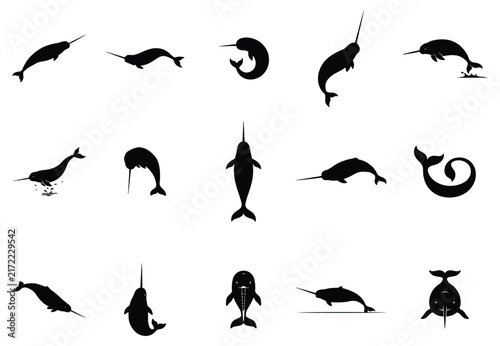 Narwhal silhouette vector collection isolated on white background