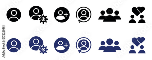 Set of User and Social Profile Vector Icons in Black and Dark Blue Style