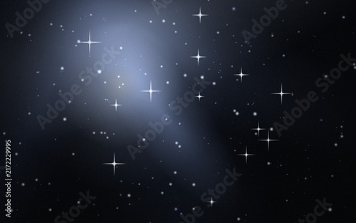 Dark blue space background, with a bright, central nebula glow, and numerous white, stars with sparkling, starburst light effects, in the sky