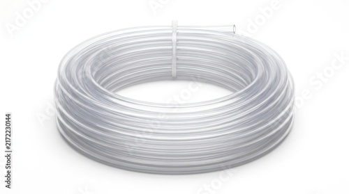 Flexible transparent plastic tubing coil isolated on white background