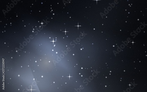 Deep space background, with a soft, blue nebula, scattered, white stars, and, bright twinkling starbursts, against a dark, infinite cosmic expanse