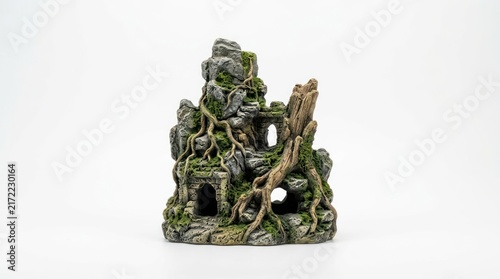 Mossy stone structure with root overgrowth isolated on white