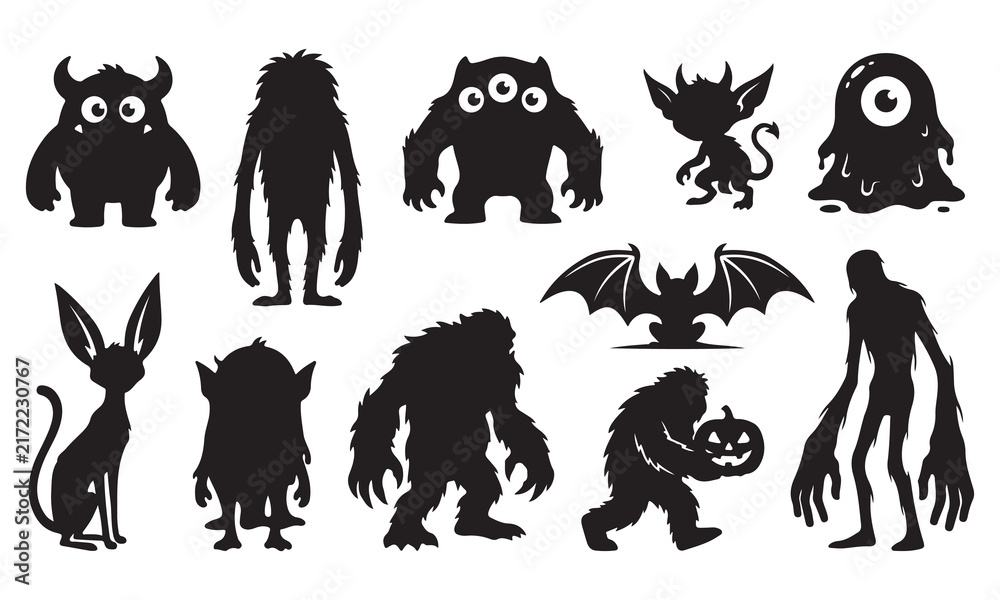 Obraz premium Set of black silhouettes depicting various monsters, creatures, hairy beasts, a one-eyed slime, a bat, and a cat isolated on a white background, for halloween themed projects