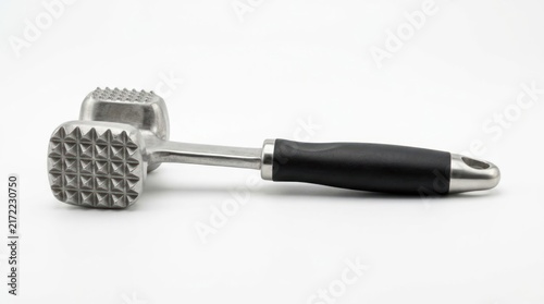 Metal meat tenderizer tool with black handle isolated on white