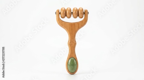 Wooden face massager tool with jade stone for skincare and relaxation