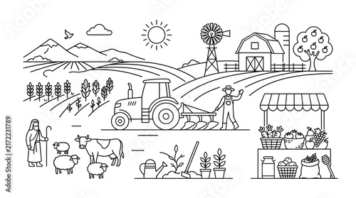 Canvas Print Farm landscape illustration featuring a tractor cultivating fields with a farmer