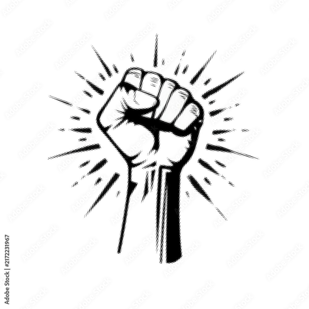 Fototapeta premium Solid Modern Stylized Fist Raised High Breaking through Geometric Constraints Halftone Art on White Background. Retro Pop Art Fist Breaking Barriers Illustration on White Background.