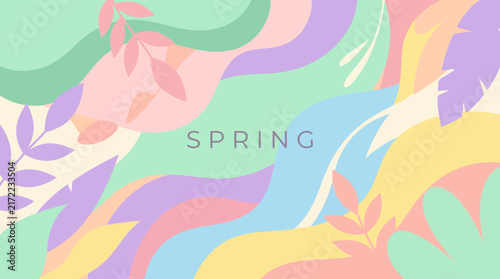 Pastel abstract organic shapes and leaves floral background vector