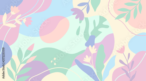 Pastel abstract organic shapes and leaves floral background vector