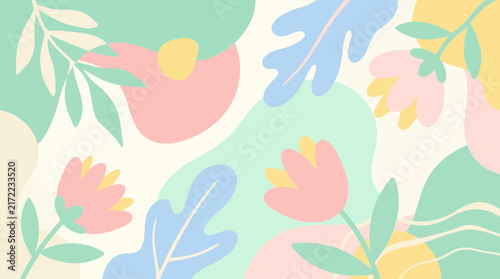 Pastel abstract organic shapes and leaves floral background vector