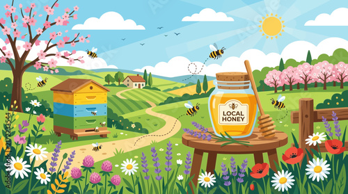 Beekeeper inspecting beehives on honey bee farm illustration