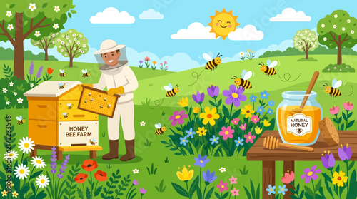 Beekeeper inspecting beehives on honey bee farm illustration