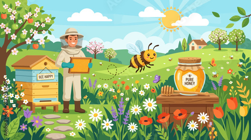 Beekeeper inspecting beehives on honey bee farm illustration