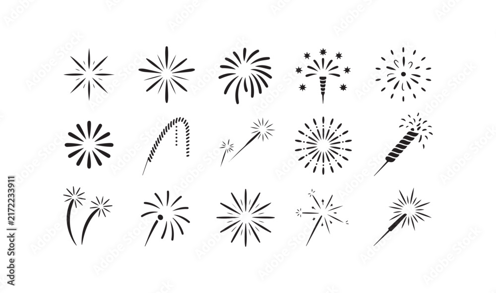 Obraz premium Hand drawn firework silhouette set provides dynamic festive sparklers for celebration event promotional art.