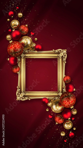 Decorative gold picture frame surrounded by red and gold Christmas baubles on a dark red background