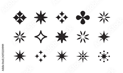 Assortment of unique black star and sparkle icons, great for adding flair to designs and creating festive atmospheres.