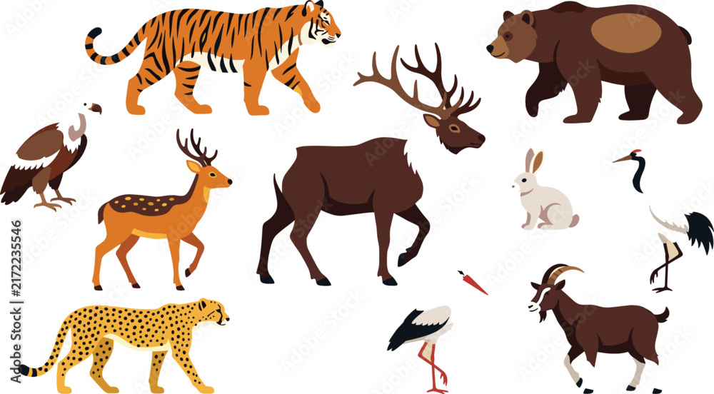 Naklejka premium Flat wild animals and birds vector illustration set featuring tiger, cheetah, bear, deer, and vulture for wildlife conservation designs.