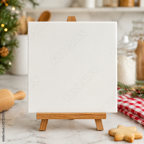 A blank canvas on an easel, perfect for holiday baking inspiration and dessert decoration ideas.
