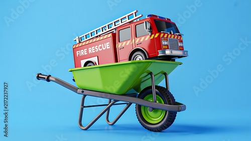 Fire rescue truck in wheelbarrow symbolizing emergency service teamwork and creative transport
