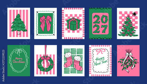Vector set of 10 festive Christmas and New Year gift tags and cards. Perfect for product packaging labels, retail gift boxes, scrapbooking, and social media design.